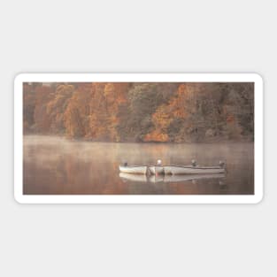 'Four Boats, Autumn Morning Mist', Loch Faskally, Pitlochry. Sticker